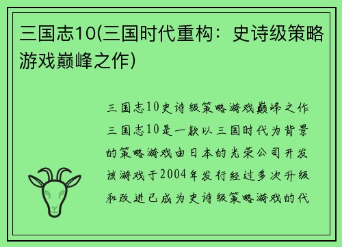 三国志10(三国时代重构：史诗级策略游戏巅峰之作)